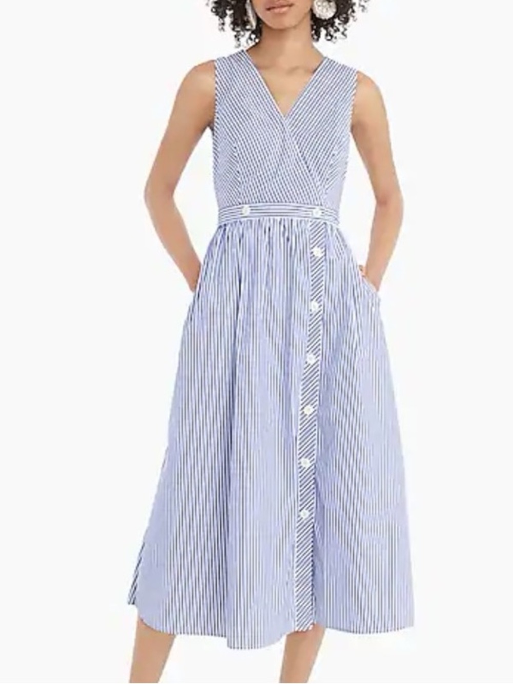 J. Crew striped blue and white cotton sleeveless button poplin midi dress size 2